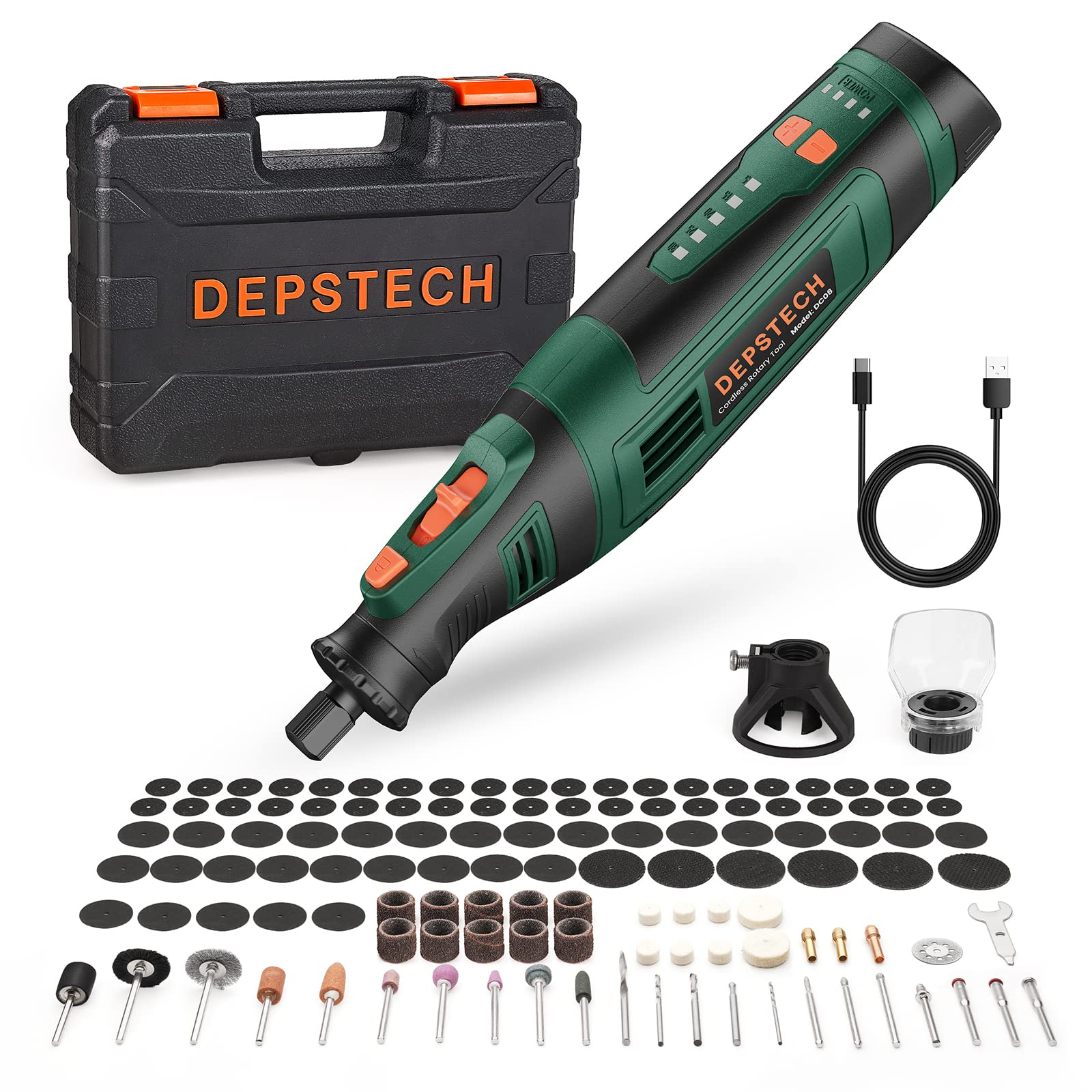 DEPSTECH Cordless Rotary Tool, 2.0 Ah 8V Rechargeable Multi Tool Kit 5 Speed 30000RPM, 127Pcs Accessories Set, Power Tools Carving, Cutting, Sanding, Drilling, Polishing and DIY Crafts-DC08, Green