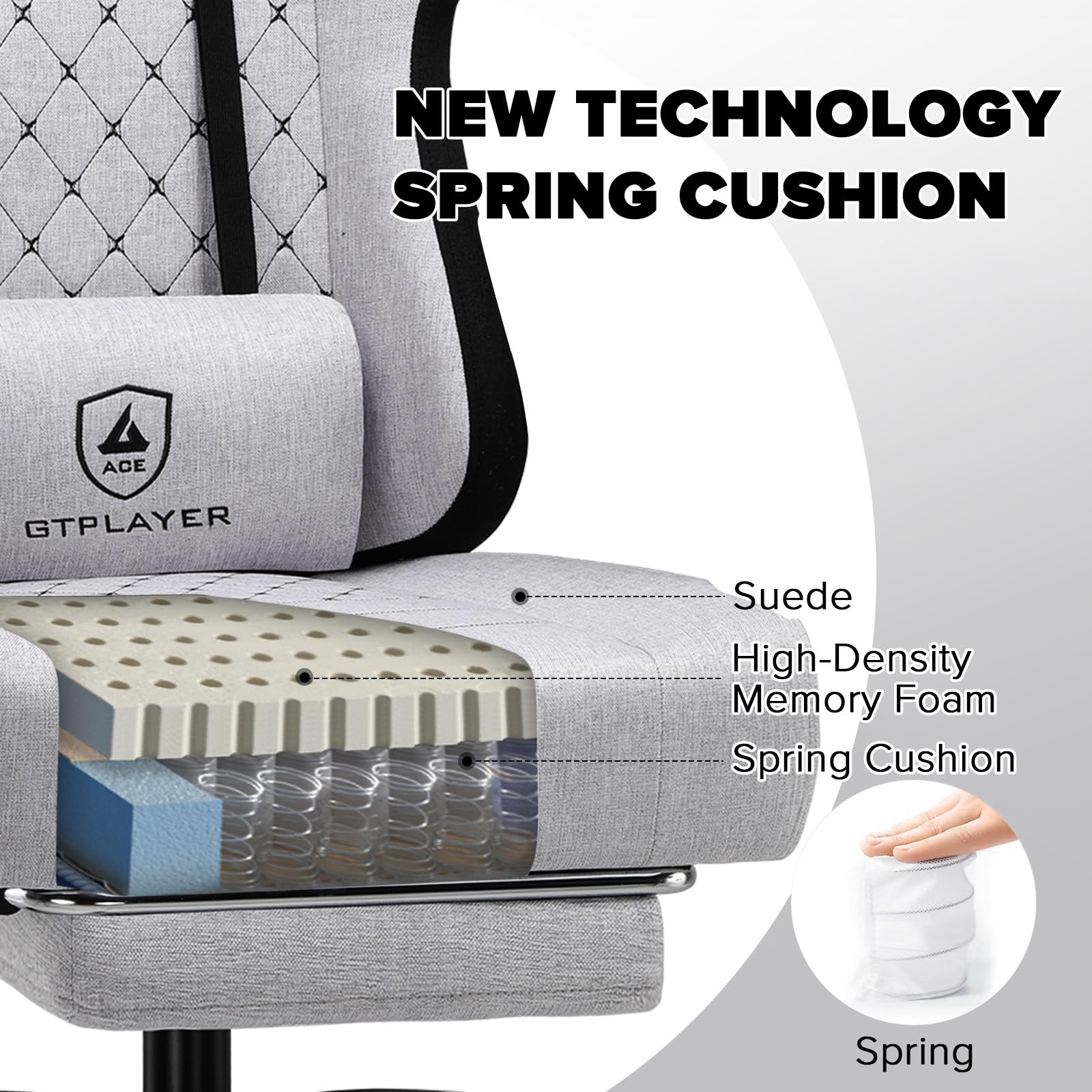 GTPLAYER Fabric Gaming Chair with Footrest, Ergonomic Computer Desk Chair with Pocket Spring Cushion Home Office High Back Support Lumbar Support Heavy Duty Wide