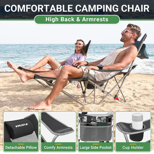 #WEJOY Camping Chairs Folding Recliner Chair Adjustable with Detachable Footrest Headrest Cup Holder Lightweight Portable Reclining Camp Chair Fold Up Chair for Outdoor Beach Garden, Cyan Set of 2