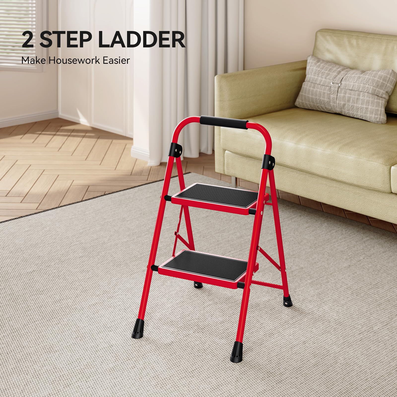 KINGRACK 2 Step Ladder with Handrail, Non-Slip Household Ladder with Folding Safety, Aluminium Folding Step Stool, Maximum Load 150 kg, Black