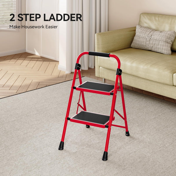 KINGRACK 2 Step Ladder with Handrail, Non-Slip Household Ladder with Folding Safety, Aluminium Folding Step Stool, Maximum Load 150 kg, Black