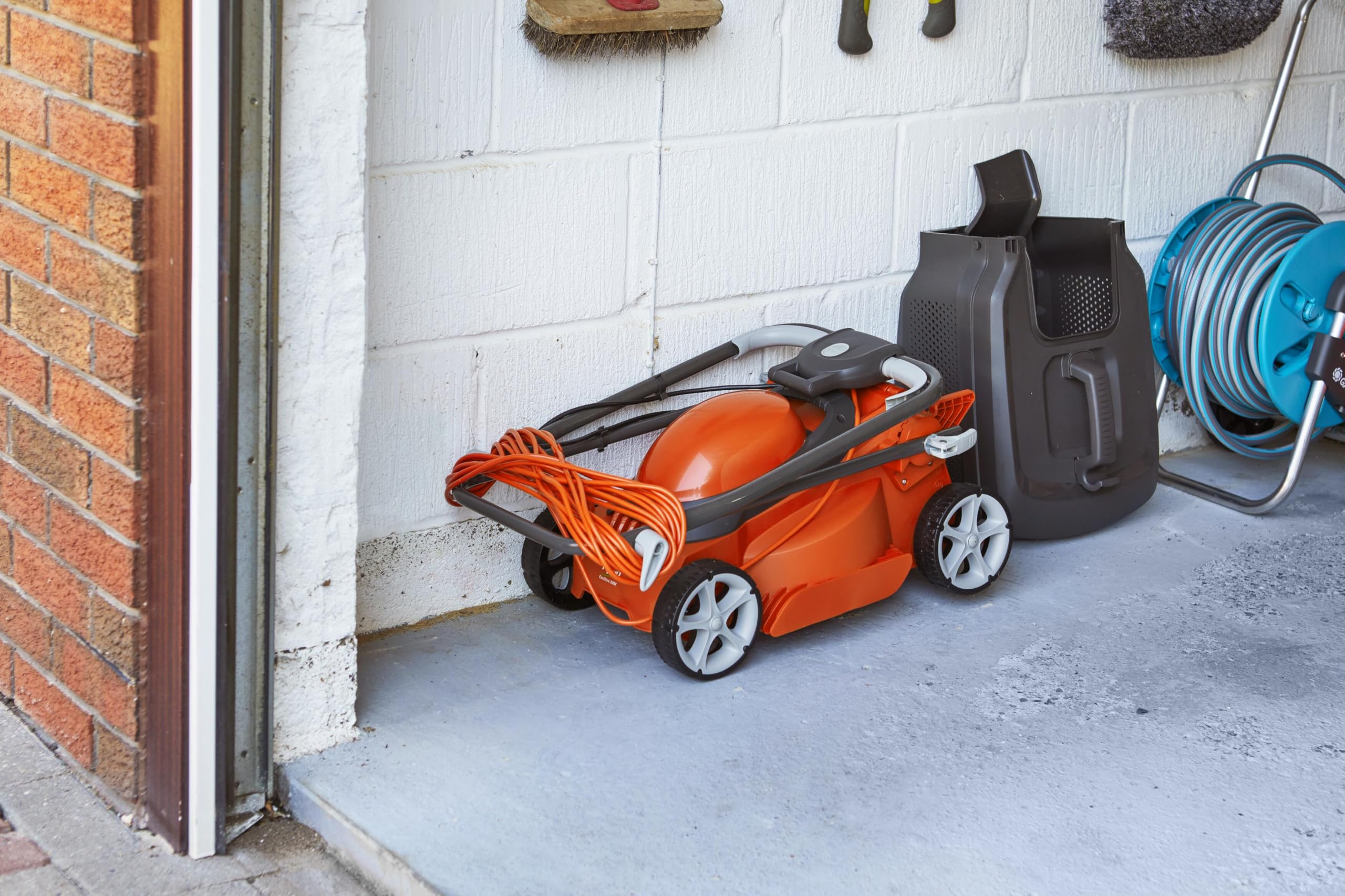 Flymo EasiStore 380R Electric Rotary Lawn Mower - 38 cm Cutting Width, 45 Litre Grass Box, Close Edge Cutting, Rear Roller, Central Height Adjust, Space Saving Storage Features