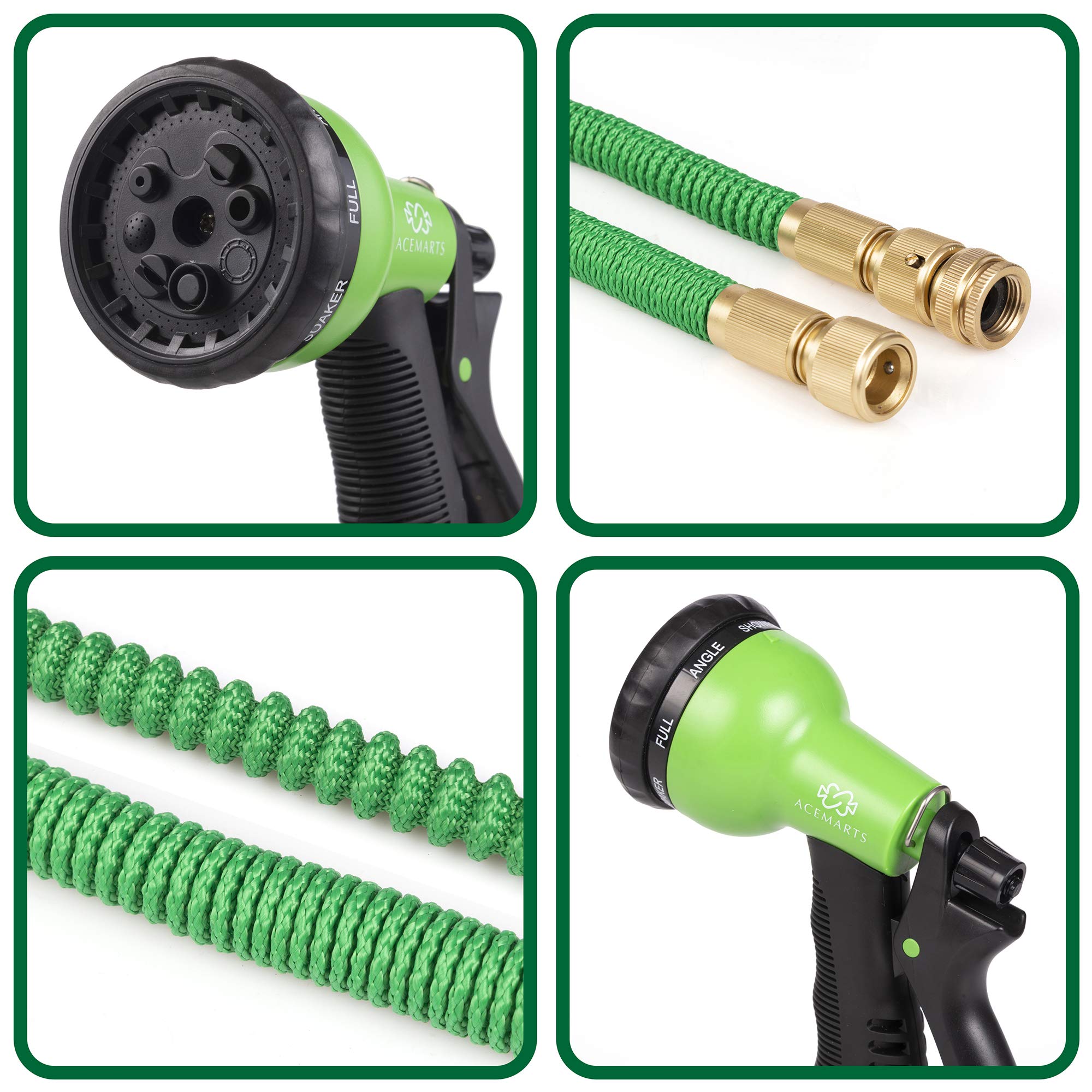 ACEMARTS Expandable Garden Hose Pipe Green 100 FT/30 M Light Weight with Tougher Latex Quality Fabric Solid Brass Connectors and 8 Pattern Nozzle for