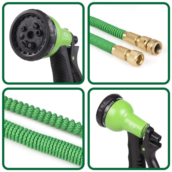 ACEMARTS Expandable Garden Hose Pipe Green 100 FT/30 M Light Weight with Tougher Latex Quality Fabric Solid Brass Connectors and 8 Pattern Nozzle for