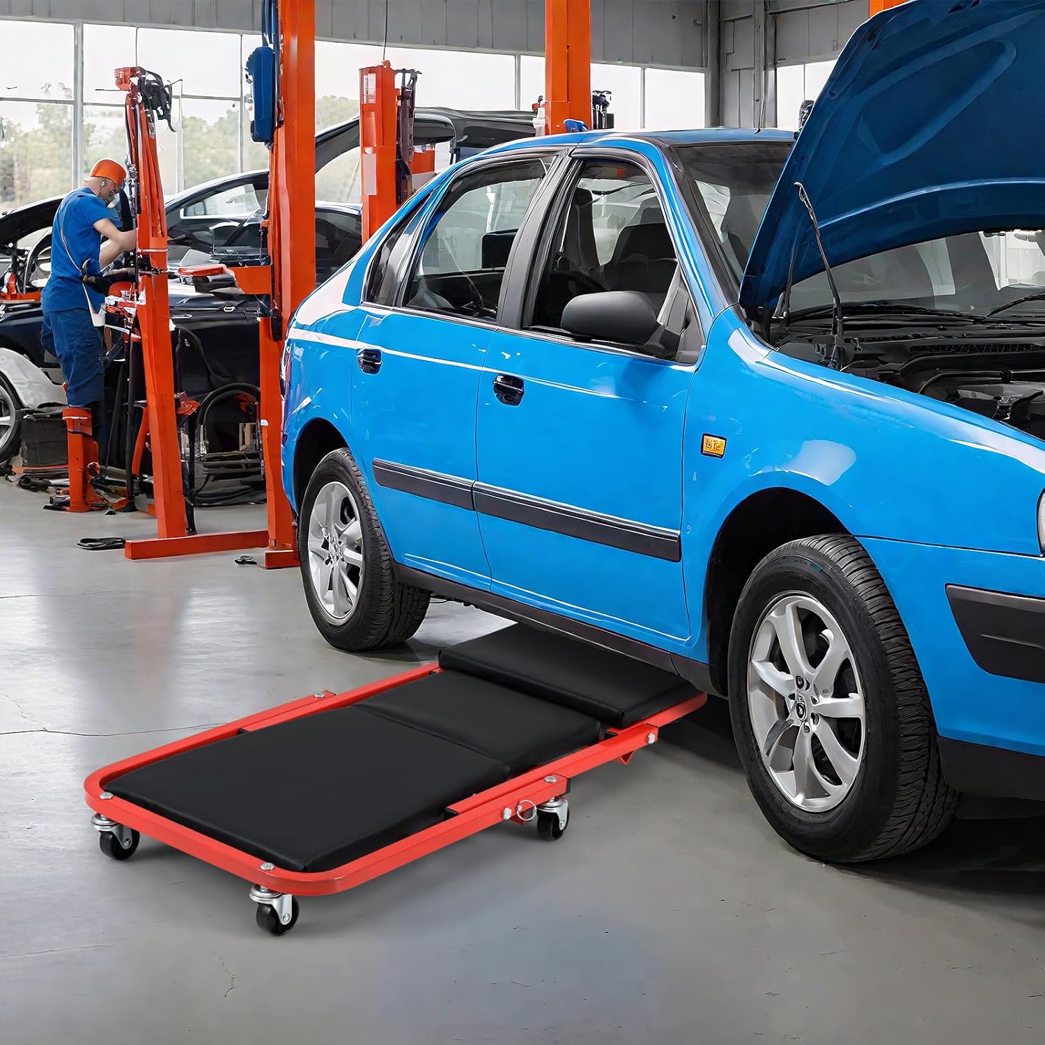 COSTWAY 2-in-1 Folding Car Creeper and Seat, 37Inch Padded Mechanics Creeper Stool with 6 Rotatable Wheels, Rolling Garage Work Crawler Board Bench, Maximum Load 150 KG