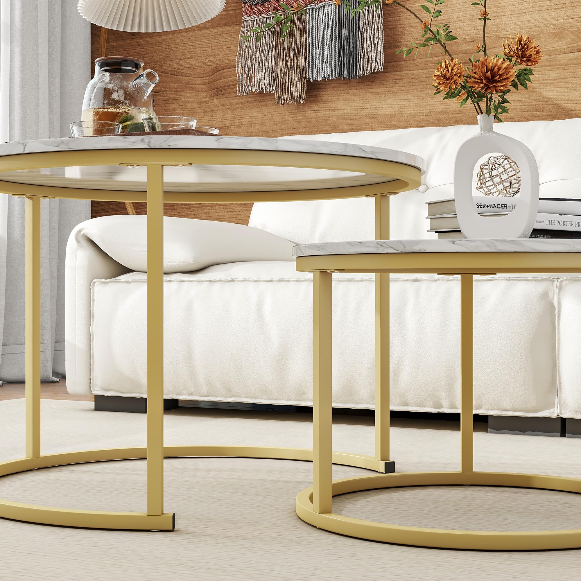 HOJINLINERO Round Coffee Table Set of 2,Nest of Tables,Coffee Tables for Living Room,Wooden Coffee Table with Storage & Gold Metal Frame,Modern Side