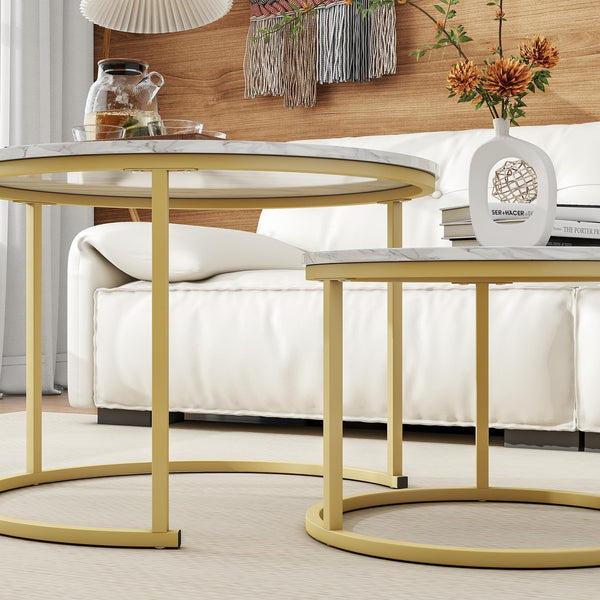 HOJINLINERO Round Coffee Table Set of 2,Nest of Tables,Coffee Tables for Living Room,Wooden Coffee Table with Storage & Gold Metal Frame,Modern Side