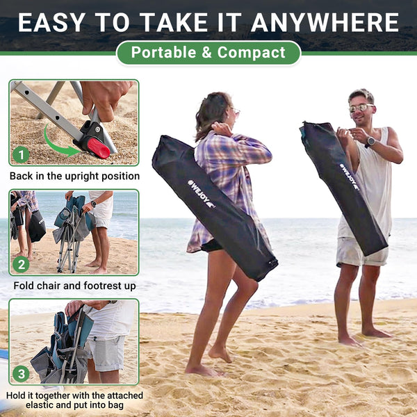 #WEJOY Camping Chairs Folding Recliner Chair Adjustable with Detachable Footrest Headrest Cup Holder Lightweight Portable Reclining Camp Chair Fold Up Chair for Outdoor Beach Garden, Cyan Set of 2