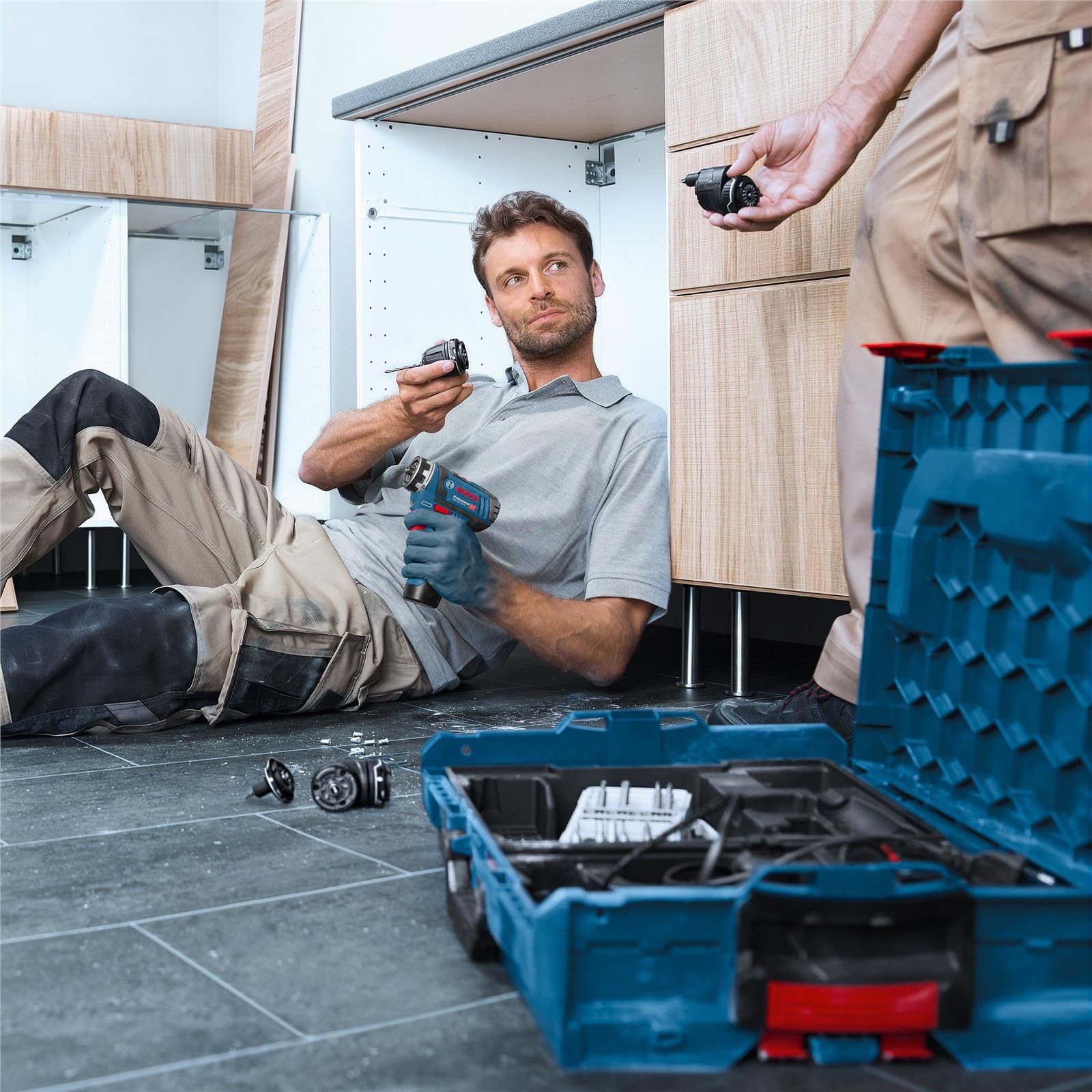 Bosch Professional 12V System Cordless Drill Driver GSR 12V-15 FC (2x battery GBA 12V 2.0Ah, Charger GAL 12V-40, 4x adapter (GFA 12-B, GFA 12-X, GFA 12-W, GFA 12-E, L-BOXX 102)