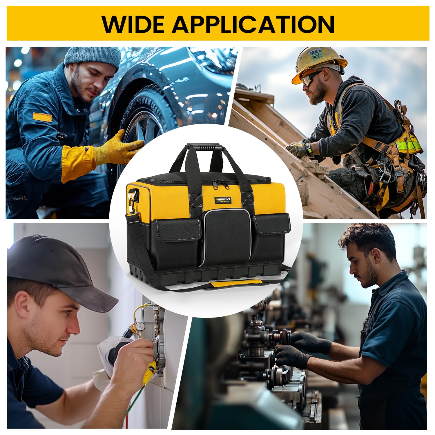 WINHUNT Open Mouth Tool Bag, Heavy Duty Electrician Tool Bags, Tool Storage Organiser with Waterproof Hard Base, Yellow/Black, 16 Inch