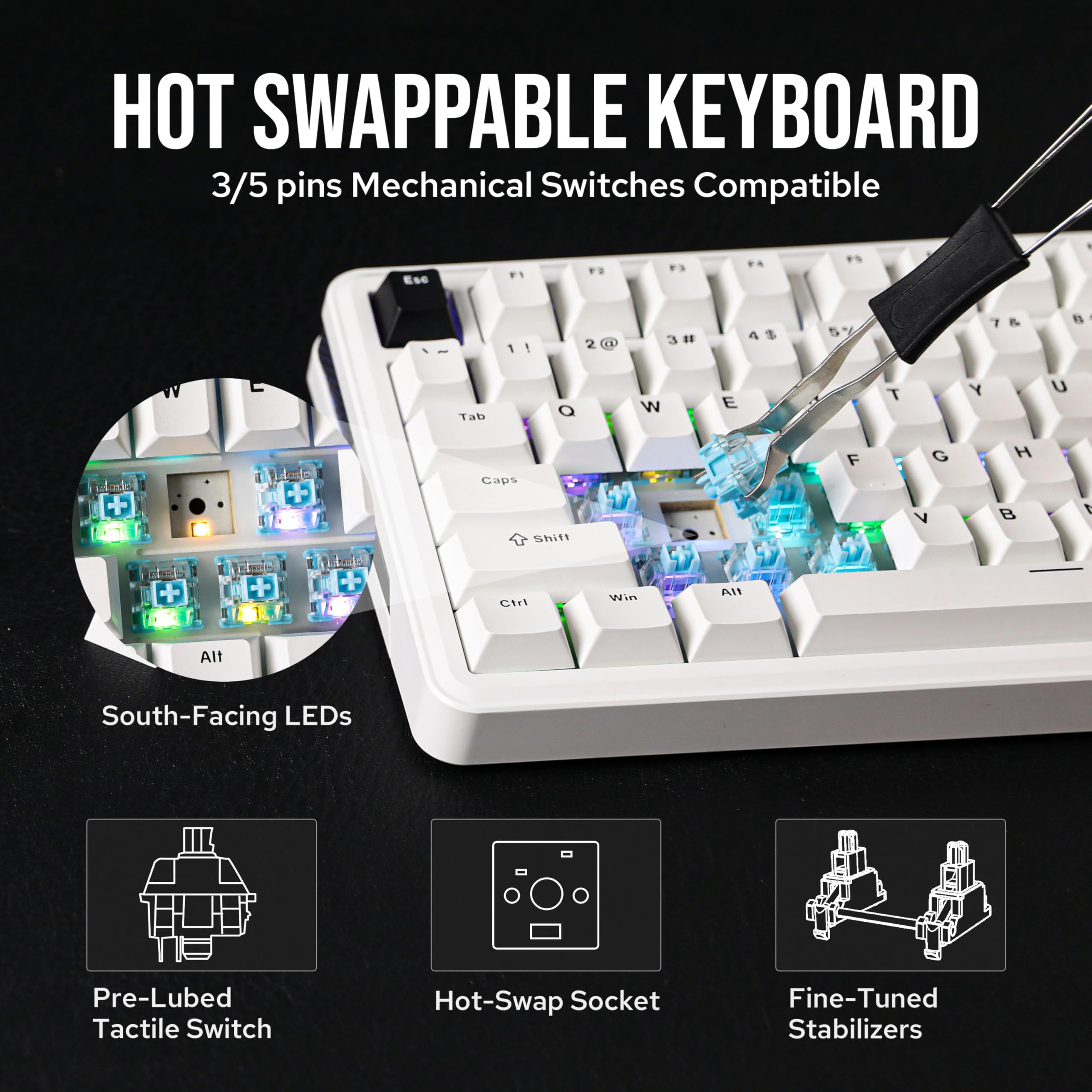 EPOMAKER TH85 QMK/VIA Mechanical Gaming Keyboard, BT/2.4Ghz Wireless, RGB, Hot-Swappable & Programmable Keys in US 75% Layout (Black&White, Creamy Jade Switch)