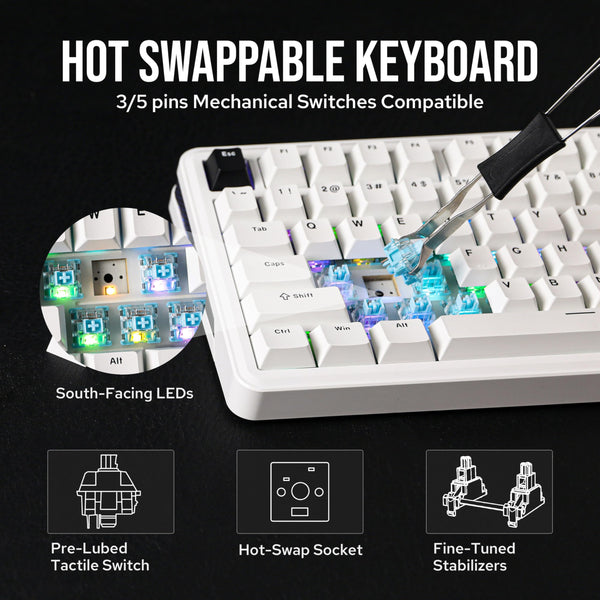 EPOMAKER TH85 QMK/VIA Mechanical Gaming Keyboard, BT/2.4Ghz Wireless, RGB, Hot-Swappable & Programmable Keys in US 75% Layout (Black&White, Creamy Jade Switch)