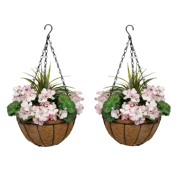 GreenBrokers 2X Artficial Round Coir Hanging Baskets with Pink Geraniums (Set of 2), 52cms