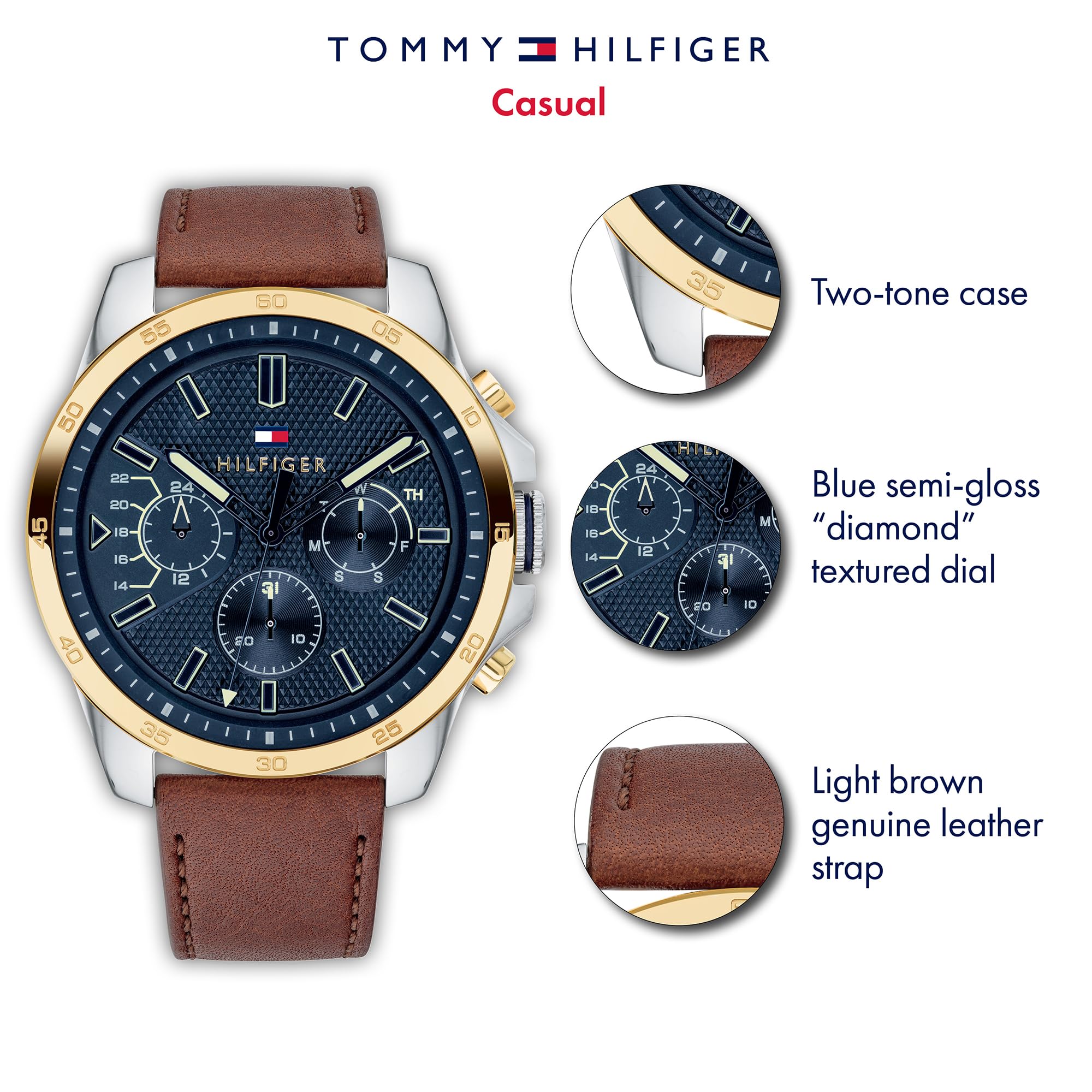 Tommy Hilfiger Analogue Multifunction Quartz Watch for Men with Silicone, Stainless Steel or Leather Bracelet, Day & Date Sub-Dials, 5ATM Water Resistant
