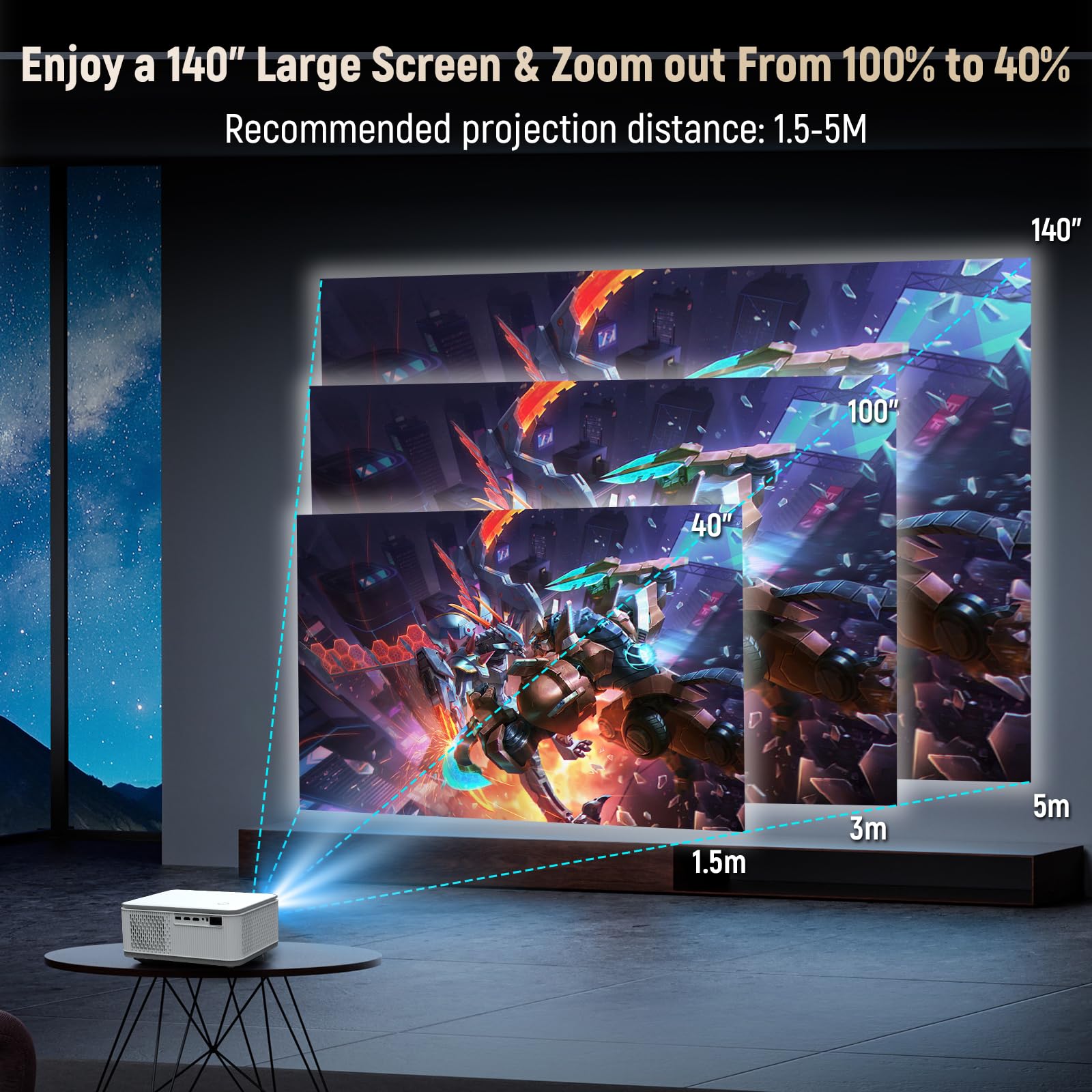 Projector with WIFI and Bluetooth, 4K 1080P Smart Movie Projector 600 ANSl Auto Keystone Quad-Core Compatible for iOS/Android/USB/HDMI/TV Stick