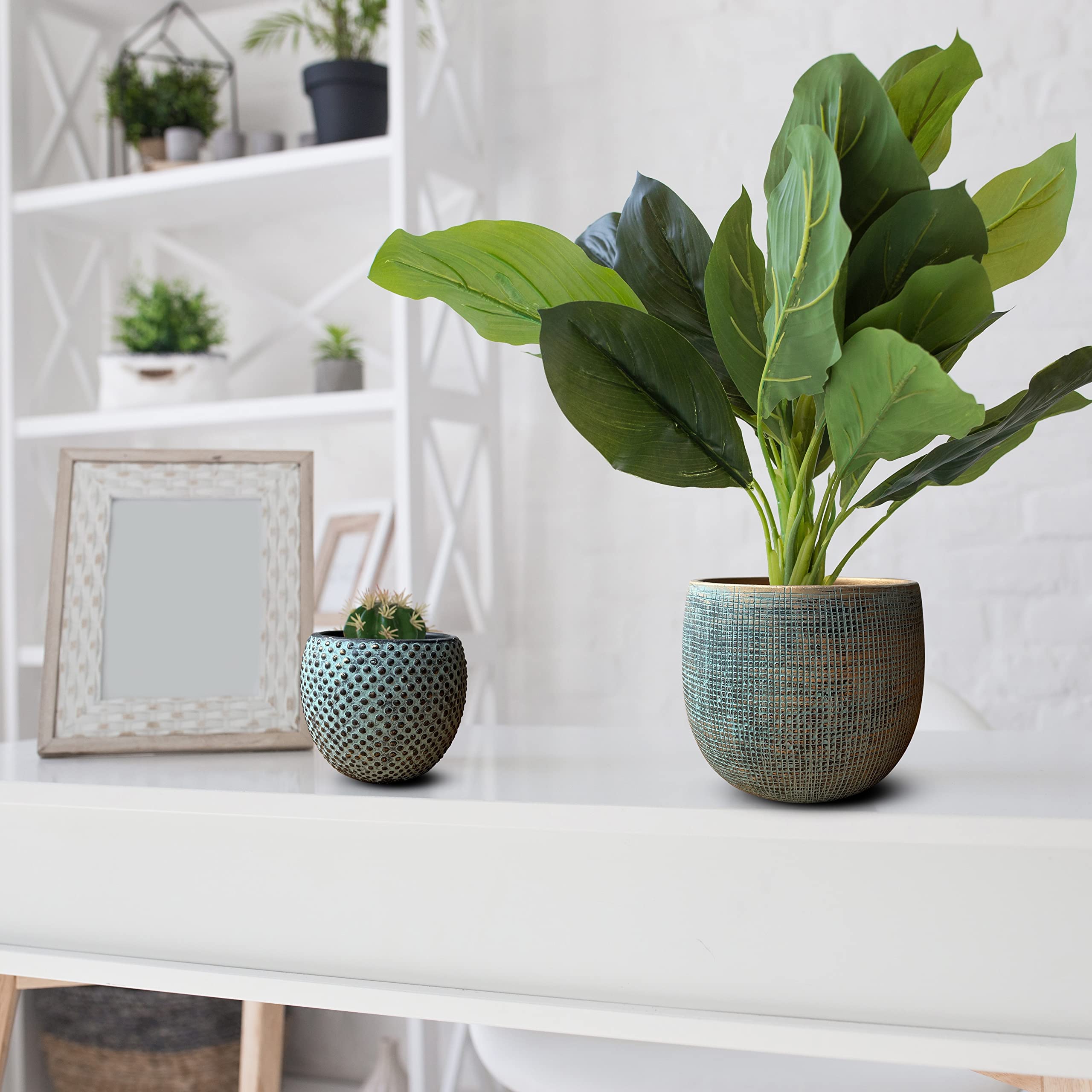 Ceramic Green Gold Plant Pot Set 2-17 and 14cm Teal Gold Indoor Planters Cement Outdoor Flower Pots