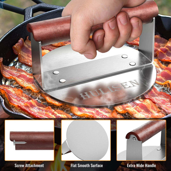 HULISEN 8.5-Inch Burger Press, 2.5 lbs Heavy Duty Bacon & Grill Press, Stainless Steel Smashed Burger Press, Round Smasher with Wood Handle, BBQ Griddle Accessories for Hamburger, Steak, Meat…