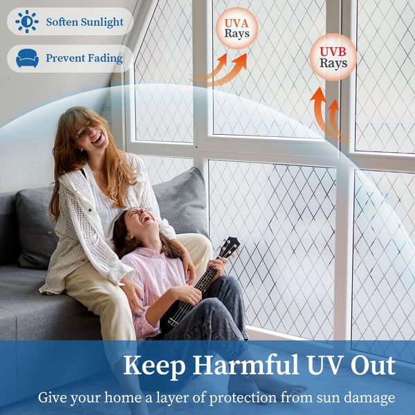 FEOMOS Frosted Lattice Window Film, Window Privacy Film, Decorative Window Cling Non Adhesive, Frosted Glass Film for Windows Doors UV Rejection