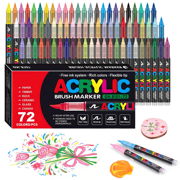 Gunsamg 72 Colours Acrylic Paint Marker Set  Water-Based Paint Pens with Flexible 1-5mm Brush Tip for Rock, Ceramic, Glass, Stone, Metal, Fabric