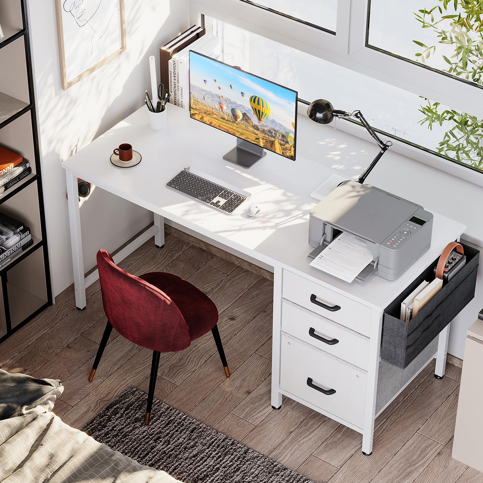 Coleshome Computer Desk with Drawers, 120×48cm Office Desk with Storage, Reversible Small White Desks for Home Office