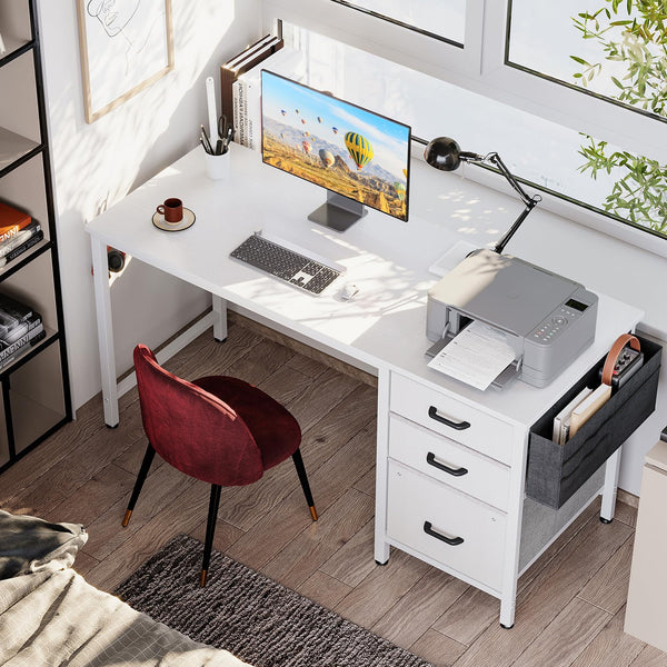Coleshome Computer Desk with Drawers, 120×48cm Office Desk with Storage, Reversible Small White Desks for Home Office