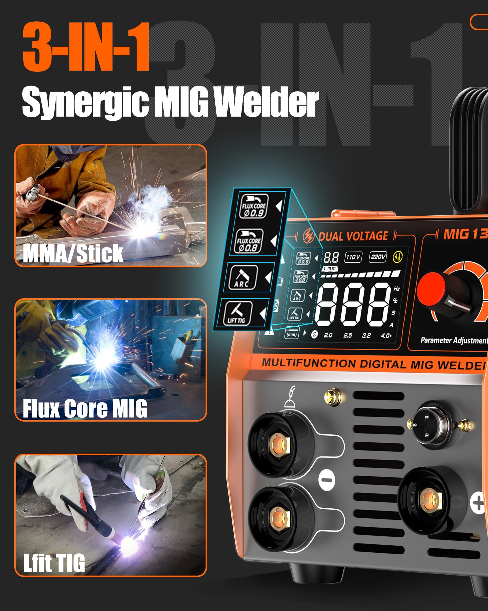 FEIFANKE Gasless MIG Welder 240V 145A Welding Machine MIG MAG 4 in 1 Gasless MIG/MIG/MMA/Lift TIG Welder Machine Inverter Synergy IGBT Suitable for 1.0-4.8mm Carbon Steel and Iron
