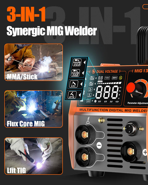 FEIFANKE Gasless MIG Welder 240V 145A Welding Machine MIG MAG 4 in 1 Gasless MIG/MIG/MMA/Lift TIG Welder Machine Inverter Synergy IGBT Suitable for 1.0-4.8mm Carbon Steel and Iron