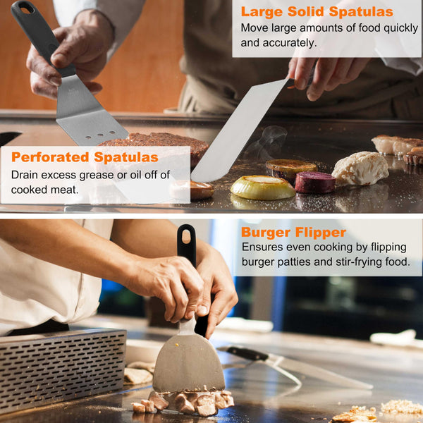 grilljoy Griddle Accessories Kit with Grill Spatula Set and Smash Burger Press, Smash Burger Kit, 28 Stainless Steel Barbecue Accessories for Flat Top