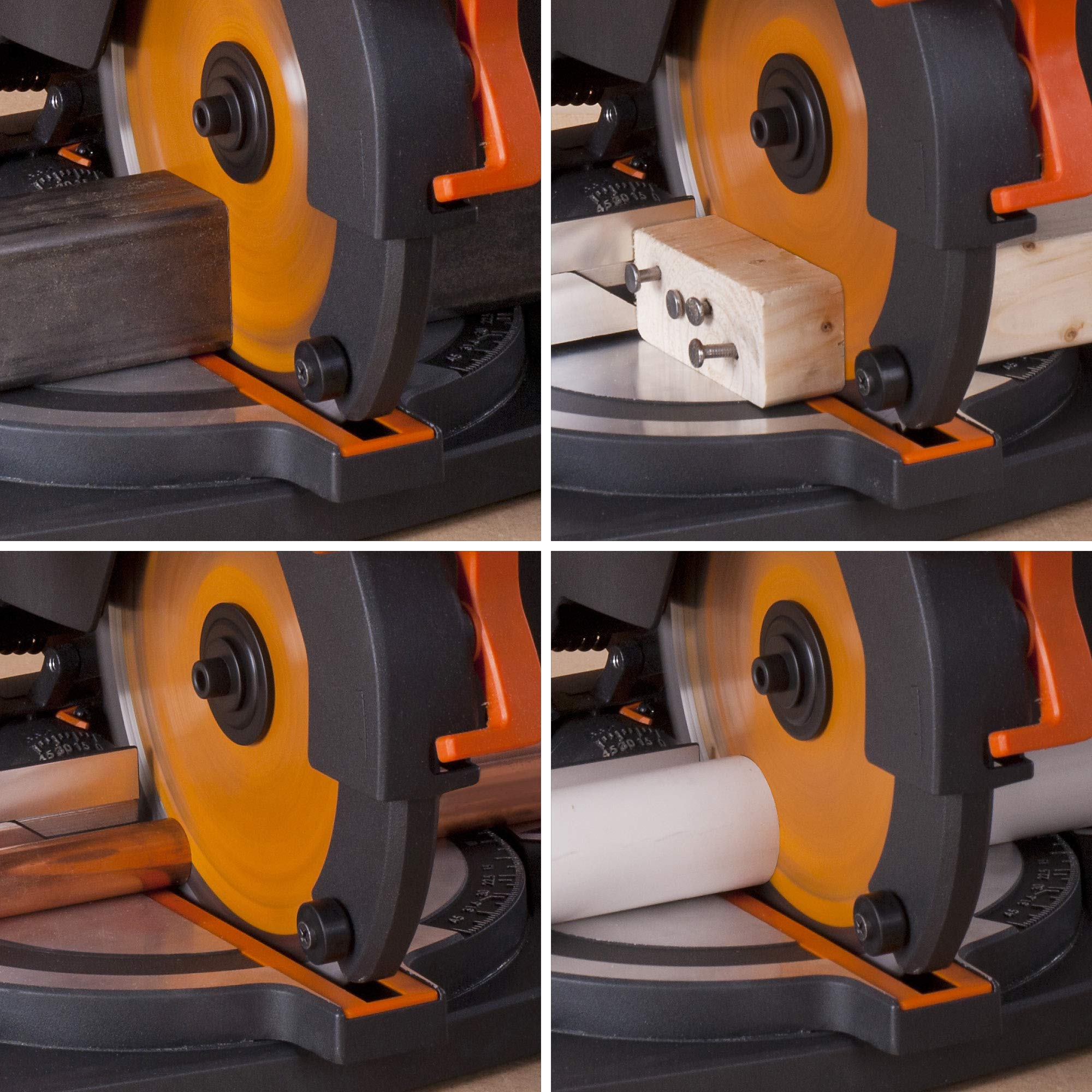 Evolution Power Tools R210CMS Compound Miter Saw Multi-Material Cutting TCT Blade Included Cuts Wood Metal Plastic & More, 45° - 45° Degree Miter & 45˚ Degree Bevel Angles, 1200W, 210mm