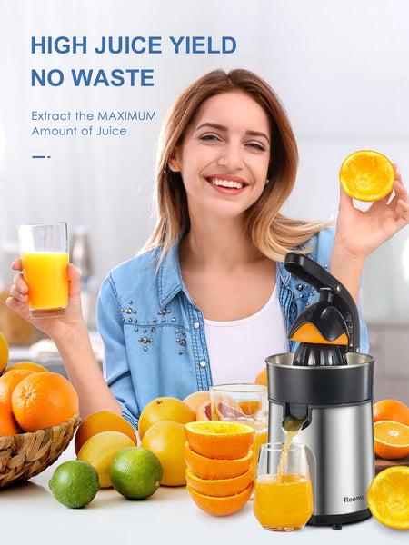 Electric Citrus Juicer, Easy Press Orange Juice Squeezer for Orange, Lemon, and Grapefruit, with Two Interchangeable Cones, Brushed Stainless Steel