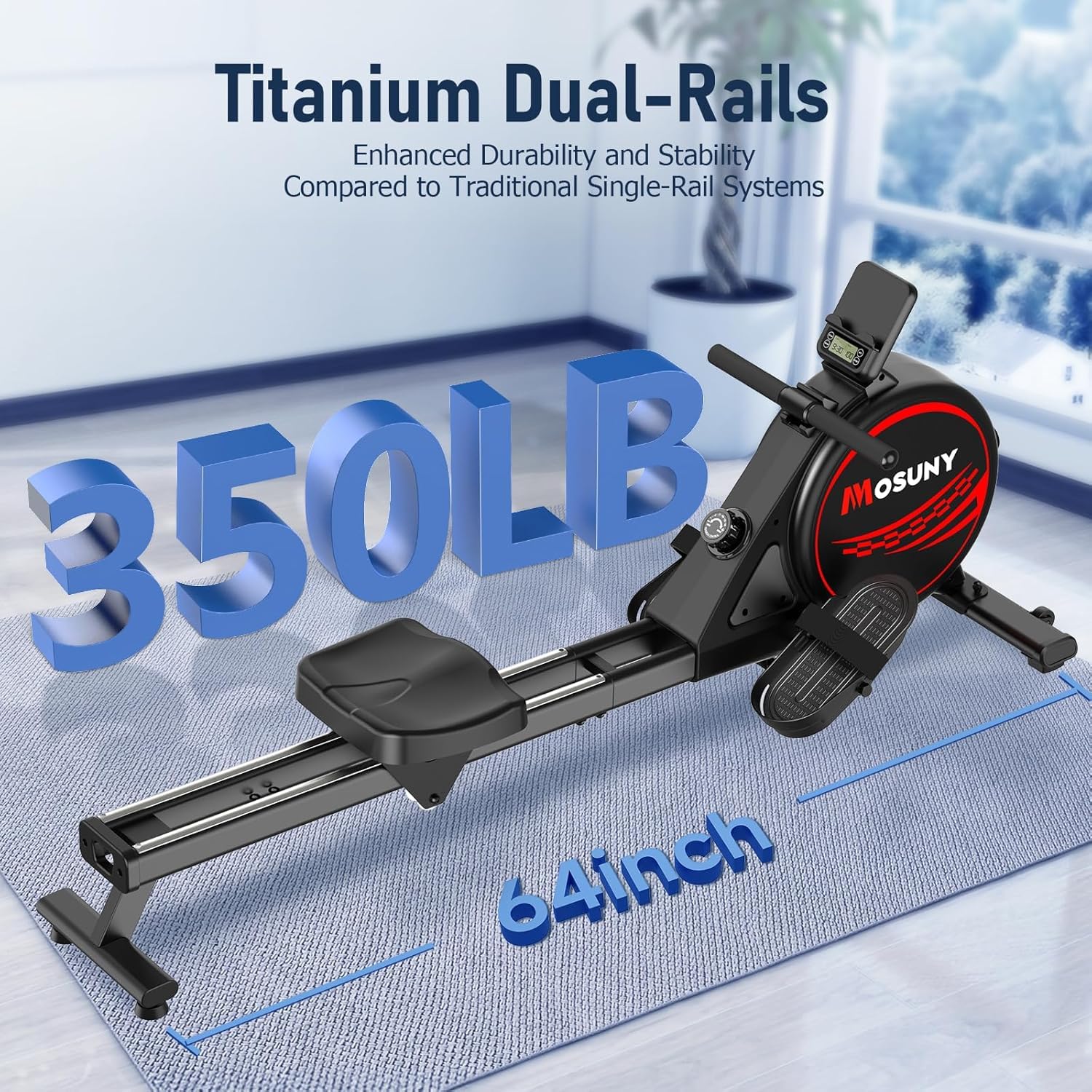 Rowing Machine, MOSUNY Ultra-Quiet Magnetic Rowing Machines for Home Gym with 16/32 Level Resistance & App Support, Upgrade Smooth Double Glide System, 350LBS Capacity Foldable Rower with LCD Monitor