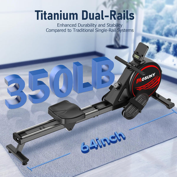 Rowing Machine, MOSUNY Ultra-Quiet Magnetic Rowing Machines for Home Gym with 16/32 Level Resistance & App Support, Upgrade Smooth Double Glide System, 350LBS Capacity Foldable Rower with LCD Monitor