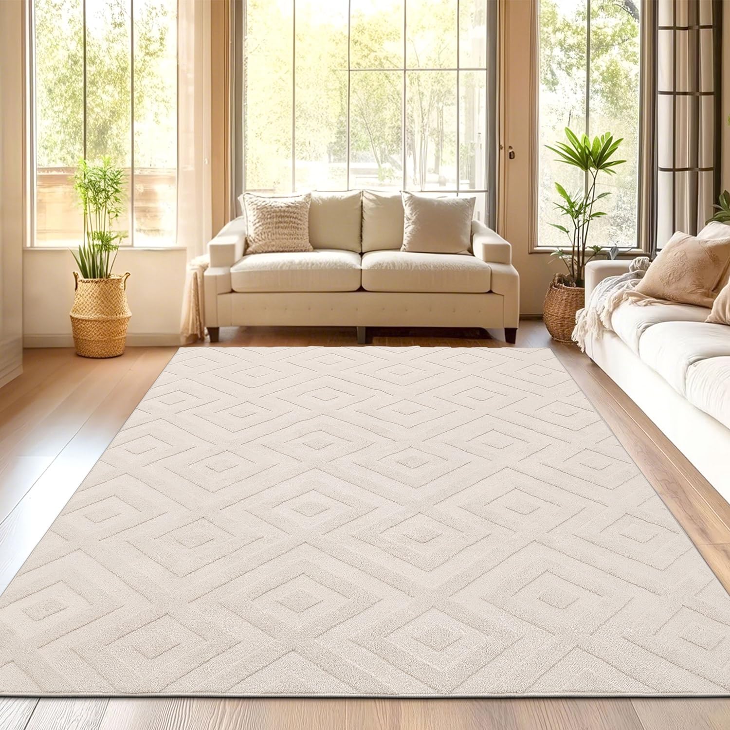 SHACOS Washable Rug Living Room 140 x 200 cm Large Rug Modern Cream Area Rug for Living Room, Bedroom, Non-Slip Ultra Soft Floor Carpet, Geometric