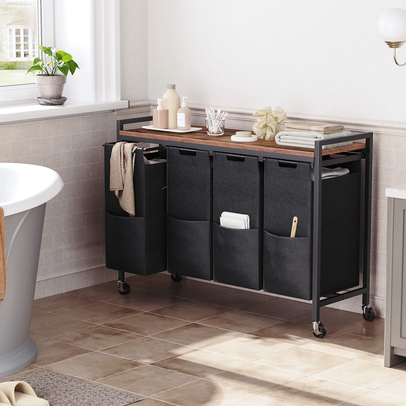 HOOBRO Laundry Basket, Laundry Sorter 4-Compartments, Rolling Laundry Cart with Shelves, Laundry Hamper, Pull-Out and Removable Bags, 4 x 39.8L,