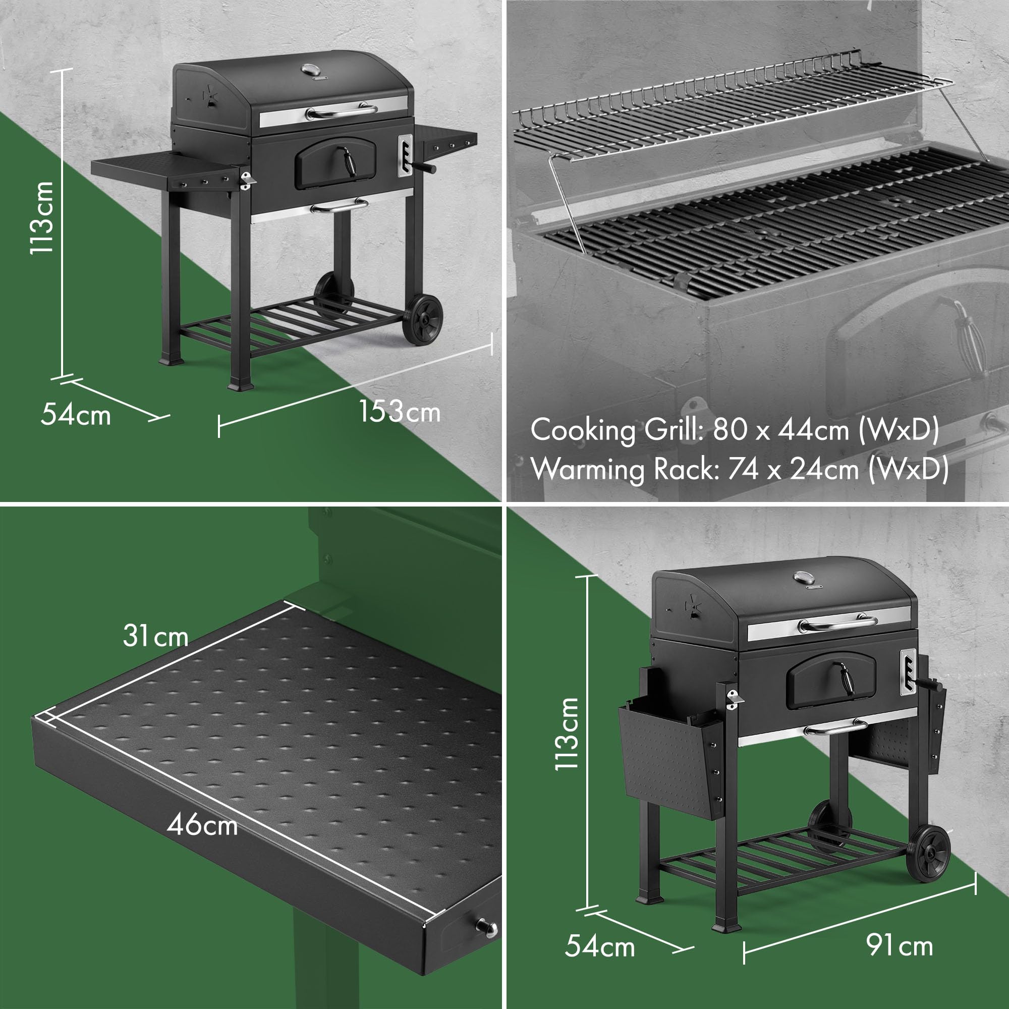 VonHaus Charcoal BBQ – XL Portable Barbecue with Warming Rack, Fold Down Shelves, Temperature Gauge, Wheels, Cooking Grill, Air Vents – 2 in 1 Barbeque and Smoker – Grill Meat, Fish & Vegetables