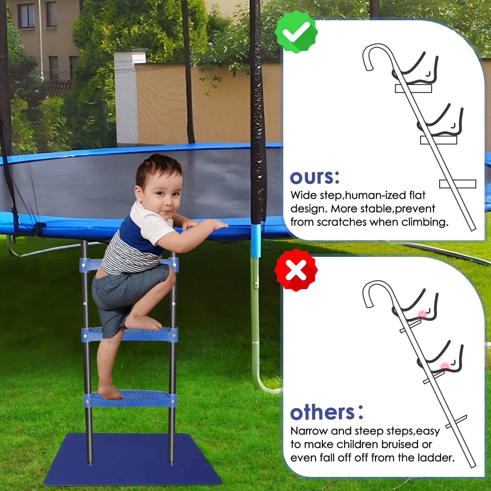 New Upgraded Universal Trampoline Ladder - 3-Step Rust-Proof Steel With Wide Non-Slip Steps, 39-Inch Long Accessory With Blue Floor Mat