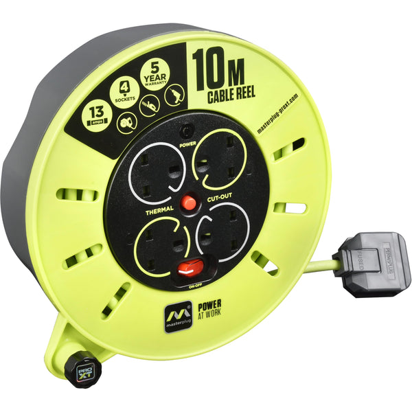 Masterplug Pro-XT Four Socket Open Cable Reel Extension Lead with Winding Handle, Thermal Cut Out and Power Switch, 25 Metres High Visibility Cable , Green