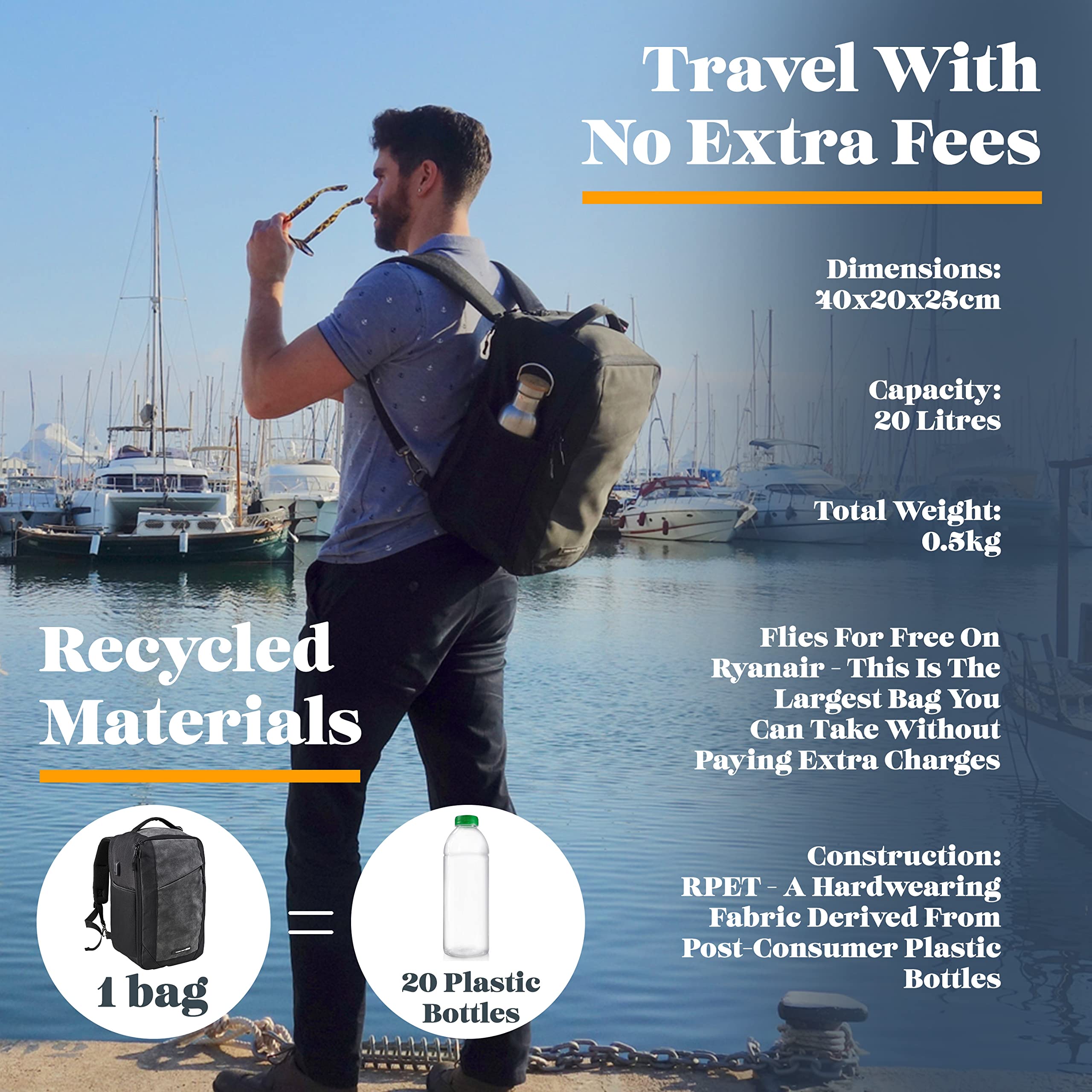Cabin Max Manhattan 20L Underseat Backpack - 40x20x25 for Ryanair Cabin Bag with Padded Tech Pocket, Lockable Compartment & Versatile Straps - Stylish Travel Companion for Airlines