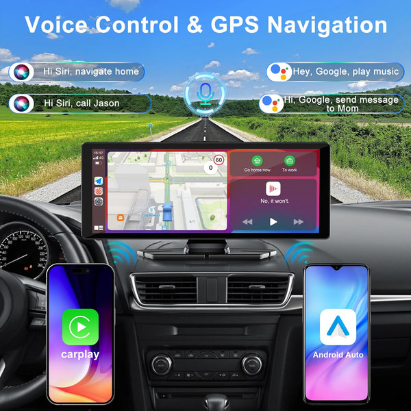 10.26" Wireless Car Stereo for Apple Carplay & Android Auto with 1080P Backup Camera, Touchscreen Car Play Screen with GPS Navigation & Voice Control, Mirror Link,Dual Bluetooth,FM Transmission,AUX
