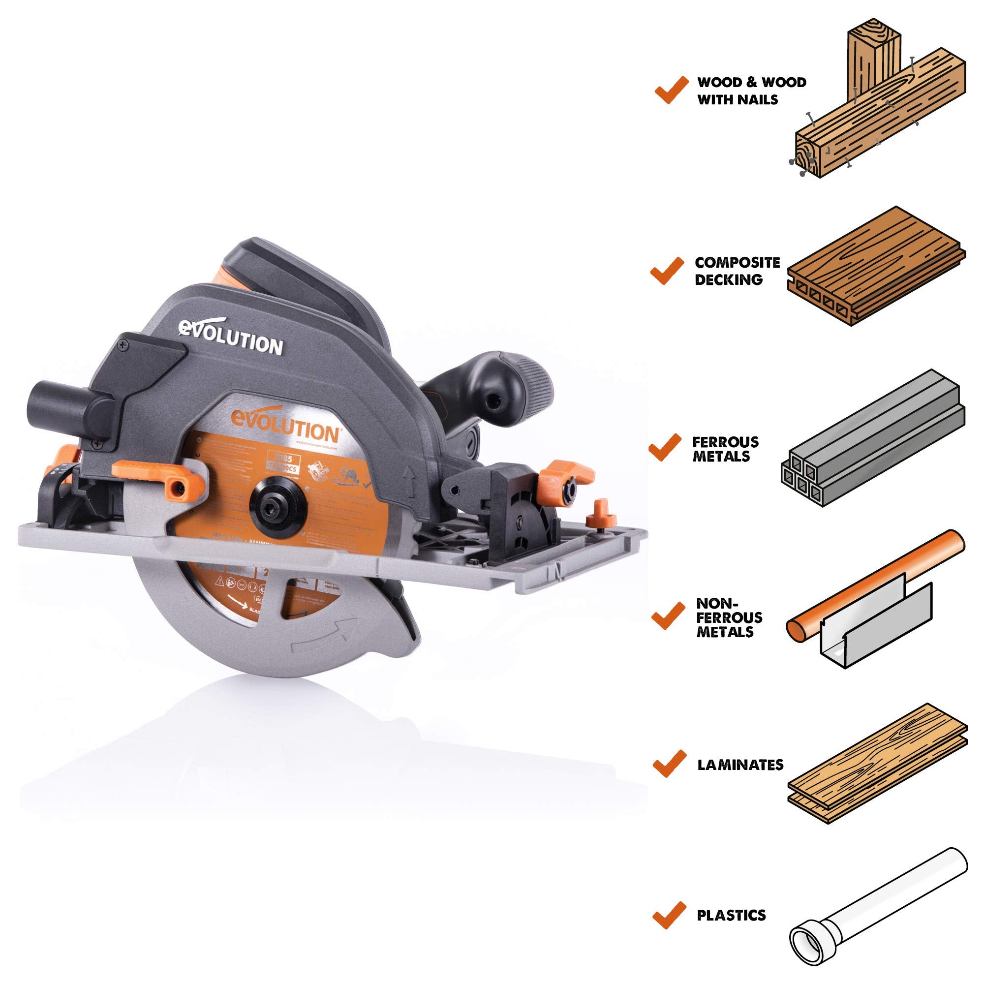 Evolution Power Tools R185CCSX Circular Saw With 1020 mm 3-Piece Track | Multi-Material Blade, Cuts Wood, Metal, Plastic & More | Incl Dust Port Adapter | 185mm (230v)