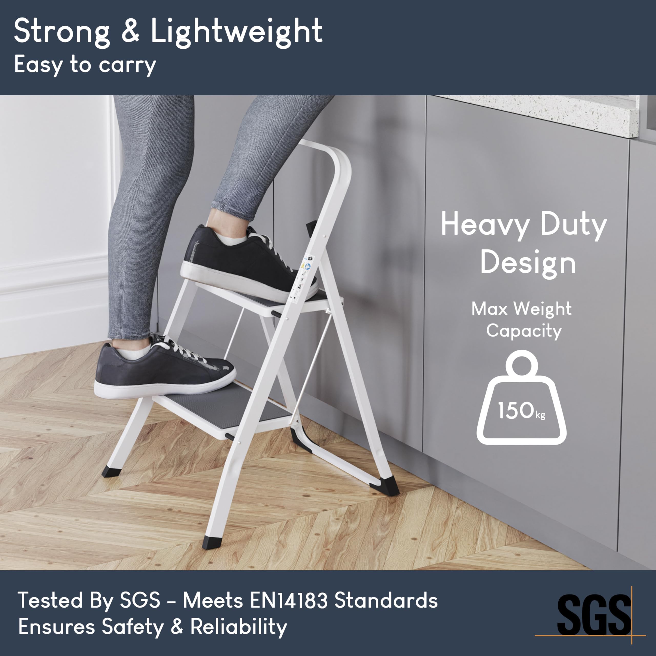 Home Vida 3 Step Ladder - Heavy Duty Steel Folding Ladder with Slip-Resistant and Wide Steps, Folding Mechanism, 150kg Max Load, Home/Kitchen/DIY/Garden Use, White