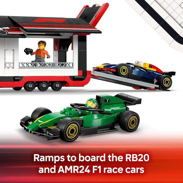 LEGO City F1 Truck with RB20 & AMR24 F1 Cars - Car Transporter Toy for RB & Aston Martin Formula 1 Teams - Incl. 2 Drivers & Race Simulator - Gifts for 8+ Year Old Boys & Girls - 60445