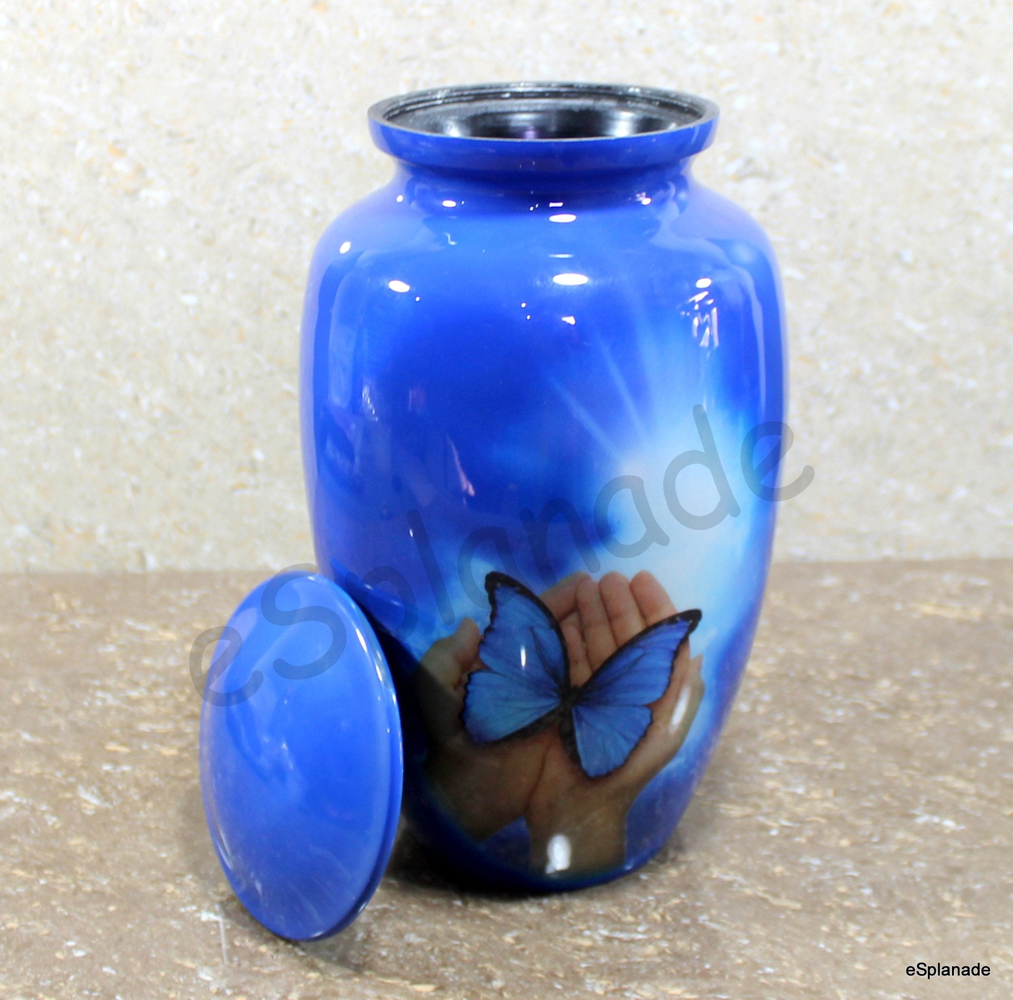 eSplanade Metal Cremation Urn Memorial Jar Pot Container | Full Size Urn for Funeral Ashes Burial | Butterfly in Hands Printed Urn | Blue - 10" Inches