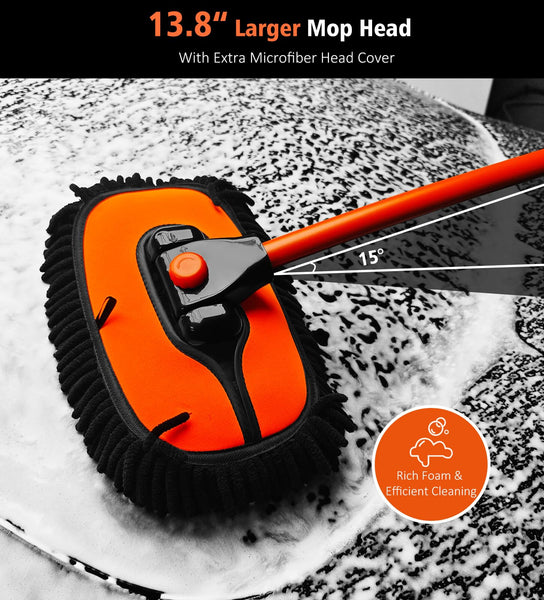 YeewayVeh Car Wash Brush, 43" Extendable Car Wash Brush Mop with Long Handle, 15 Degree Curved Soft Car Cleaning Brush kit with Extra Microfiber Brush Head for Truck SUV Cleaning, Orange