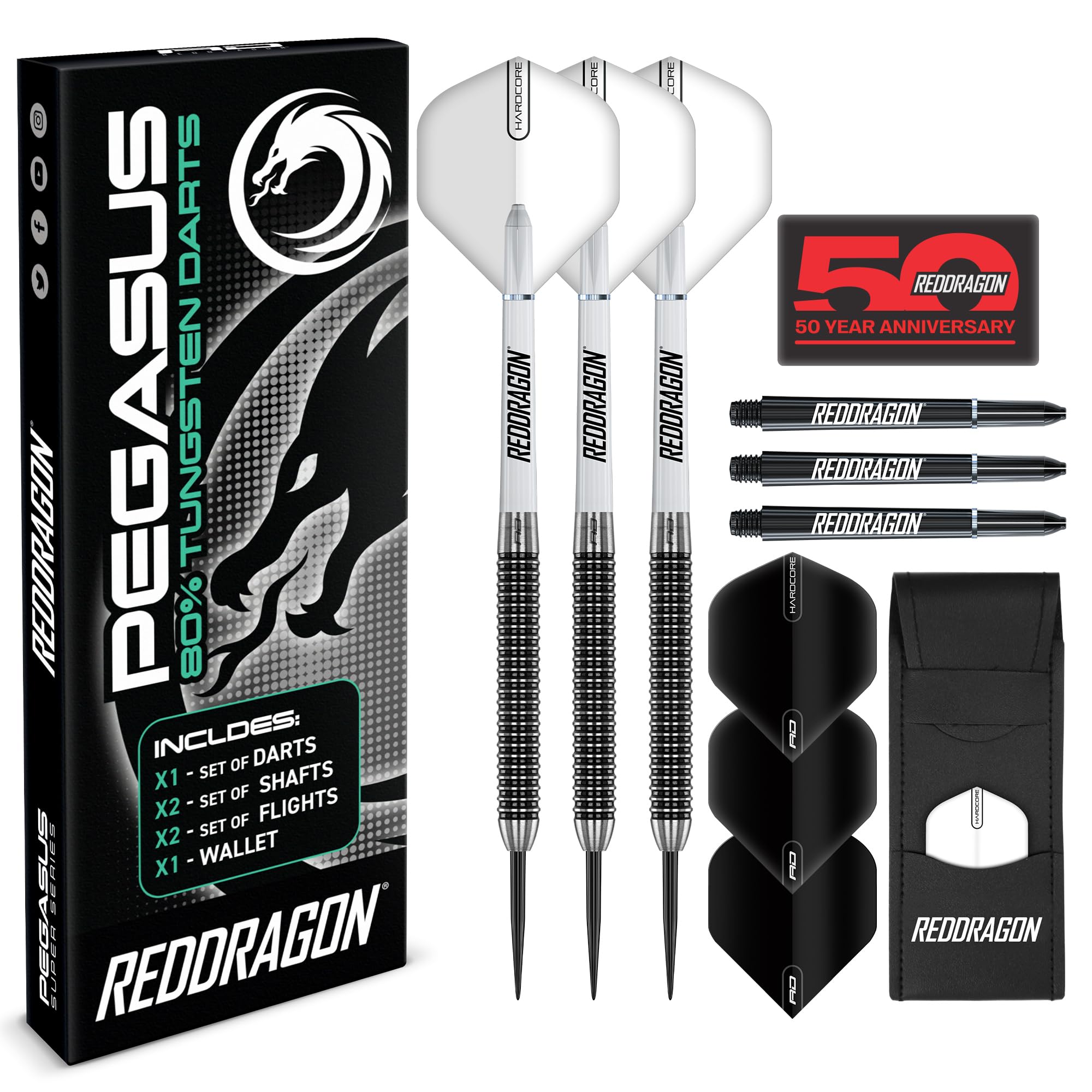 RED DRAGON Pegasus Professional Tungsten Steeltip Darts Set Available in 21, 23, 24, 25, 26, 28, 30 Gram with Flights, Stems (Shafts) and Wallet