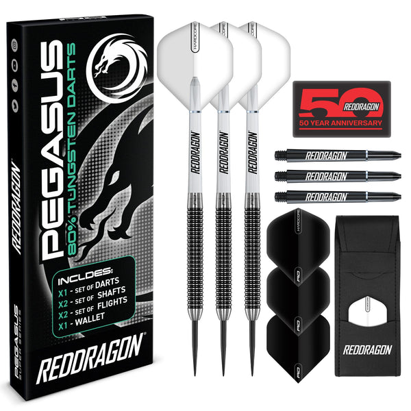 RED DRAGON Pegasus Professional Tungsten Steeltip Darts Set Available in 21, 23, 24, 25, 26, 28, 30 Gram with Flights, Stems (Shafts) and Wallet