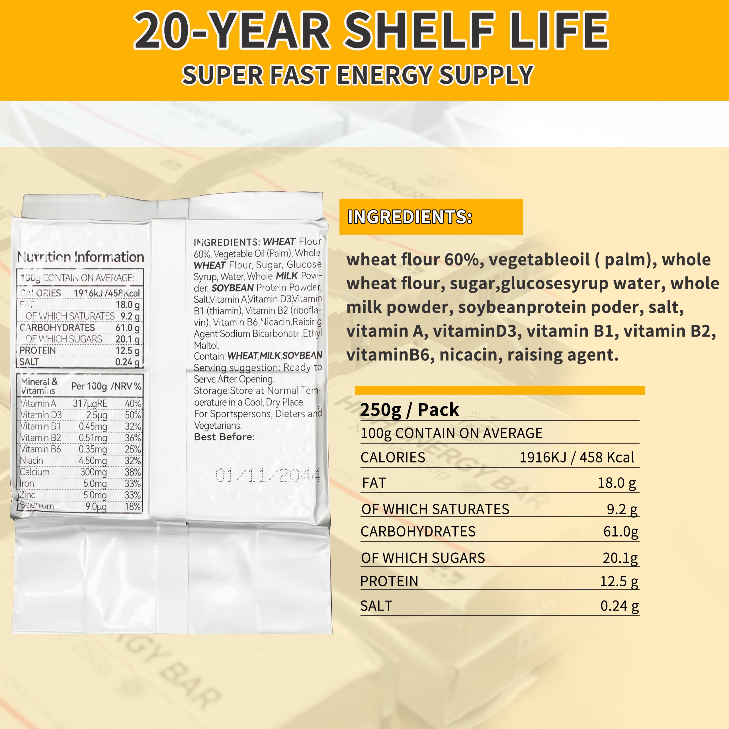 Emergency Food Rations Meal Ready To Eat, Long Self Life 18400 Calorie Survival Tabs Perfect for Camping, Hiking, Army Outdoor Disaster, 20 Pack with Tin Box