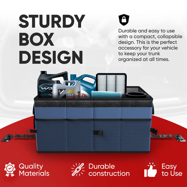 FORTEM Car Boot Organiser, Collapsible Multi Compartment SUV Organizer, Foldable Storage for Car Accessories for Women Men, 600D Oxford, Non Slip Bottom, Securing Straps, Soft Cover (50L)