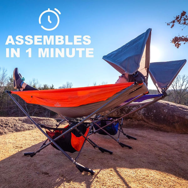 MOCK ONE Hammock with Stand with Adjustable Sunshade Canopy, Portable Free Standing Hammock with Steel Frame for Outdoor, Garden, Camping, Beach, Orange