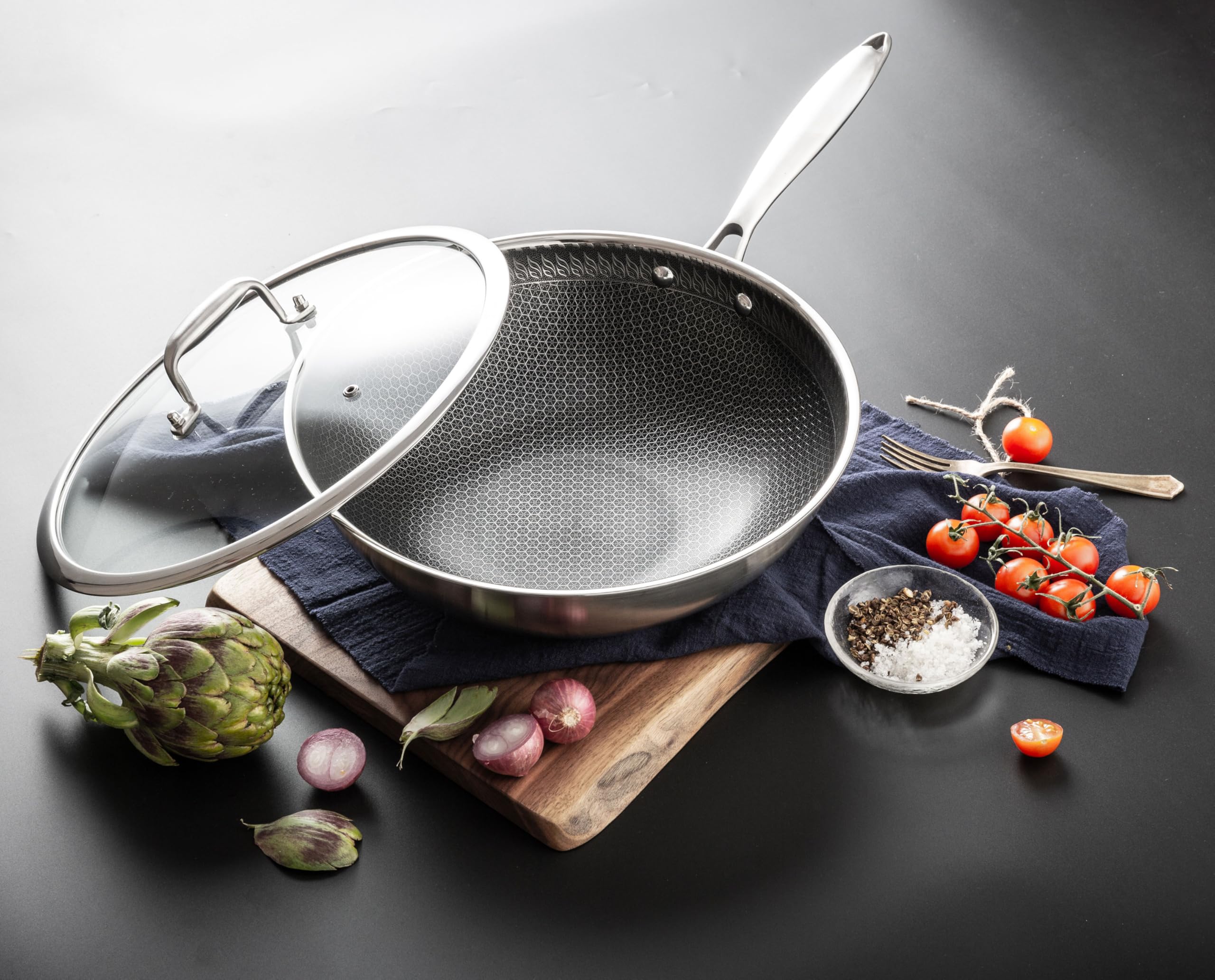 INTIGNIS Wok with Oven-Safe Lid - Anti Scratch Kitchen, for Sauting, Roasting, Broiling  Large 30cm Stainless-Steel Skillet - German GREBLON